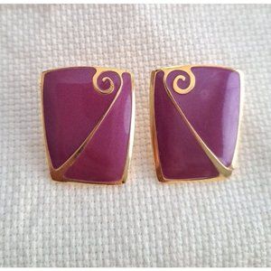 Vintage Edgar Berebi Purple Enamel Pierced Earrings Gold Tone Swirl 1980s Modern